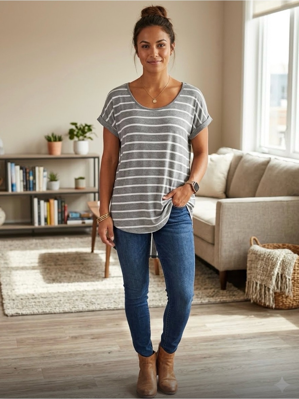 Cable & Gauge Gray and White Striped Scoop Neck Tunic Top